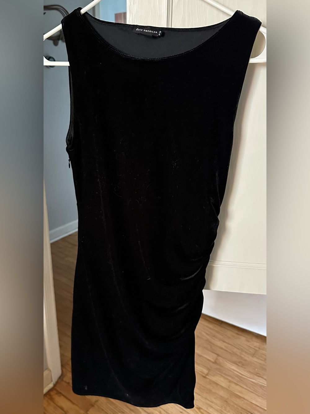 Good American Black Velvet Sleeveless Ruched Mini Dress